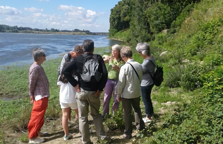 Personnes réunies autour d’une guide en bord de Loire.