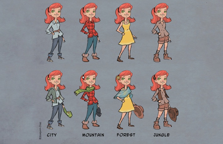 Illustrations d’une même femme habillée pour la Ville, la montagne, la forêt, la jungle, etc.