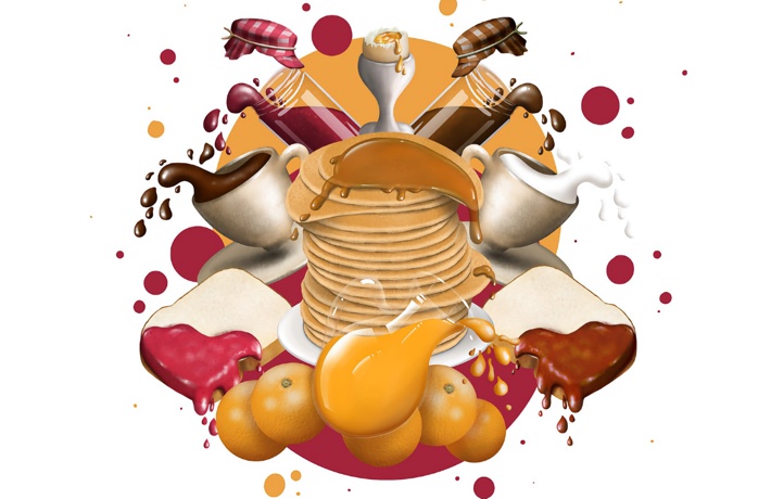 Illustration d’aliments typiques de ce repas : pancakes, café, jus de fruit, confiture, etc.