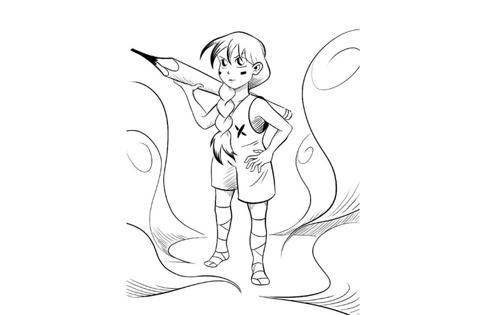 Une personnage dessiné tient un immense crayon à papier sur son épaule, l’air déterminée.
