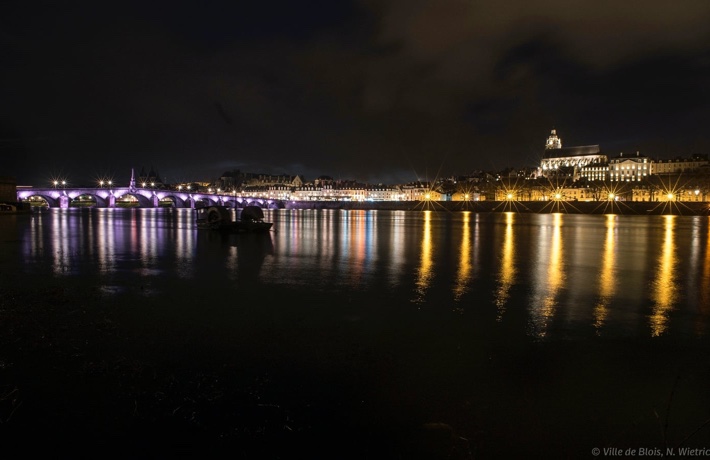 Photo du pont Jacques-Gabriel et de la rive nord illuminées, de nuit.