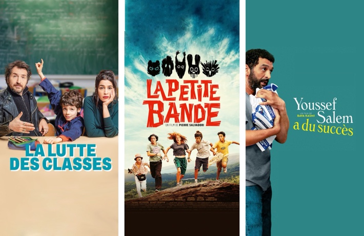 Montage photo des 3 affiches de film : la lutte des classes, la petite bande et Youssef Salem a du succès.