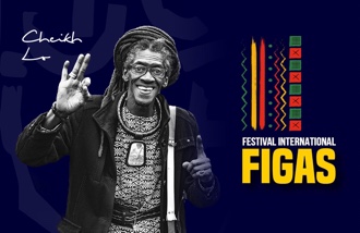 Montage du portrait de Cheikh Lo et du logo « Festival international Figas ».