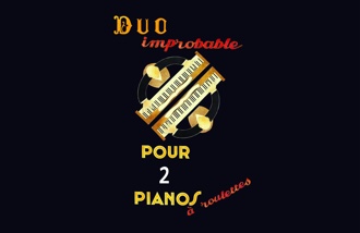 Affiche de l'évènement : duo improbable pour 2 pianos à roulettes, avec une illustration de 2 personnes face à face jouant du piano.