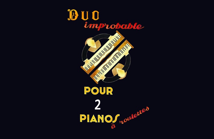 Affiche de l'évènement : duo improbable pour 2 pianos à roulettes, avec une illustration de 2 personnes face à face jouant du piano.