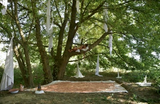 Une femme dort sur la branche d’un grand arbre, avec dix draps accrochés aux branches autour d’elle et un grand drap étendu au sol.