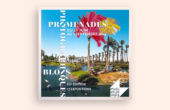 Affiche du festival Promenades photographiques 2024. Des palmiers sur de petits îlots avec des flamands rose à leur pied. Du 28 juin au 1 septembre 2024. 20e édition, 17 expositions.