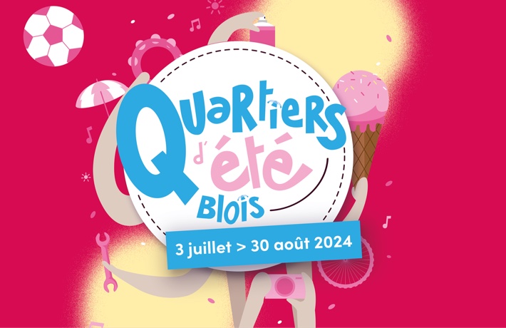 Logo de l’évènement : « Quartiers d’été », du 3 juillet au 30 août 2024. Autour du texte gravitent une glace, un parasol, un ballon, etc. évoquant l’été.